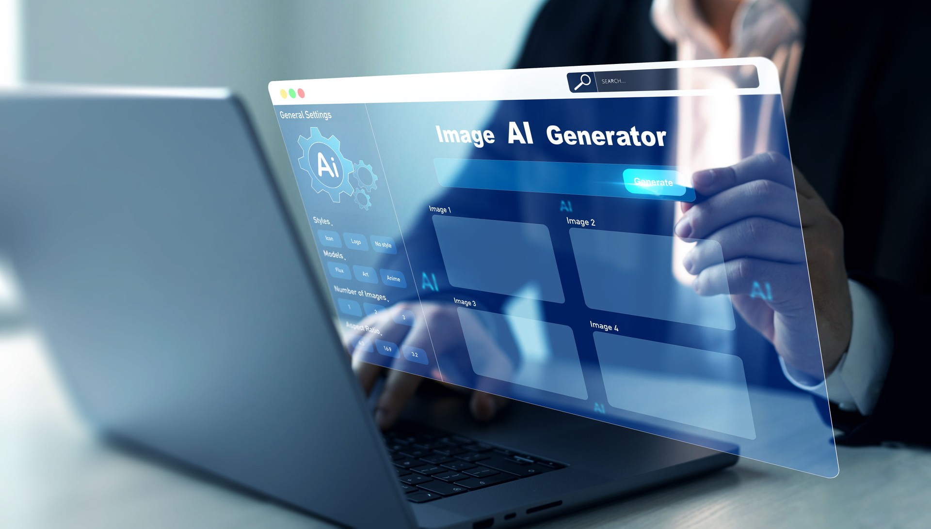 Person using AI software to generate images with  futuristic platform user interface. Image AI generator conceptArtificial Intelligence Image Content Generator.AI image creation service technology.