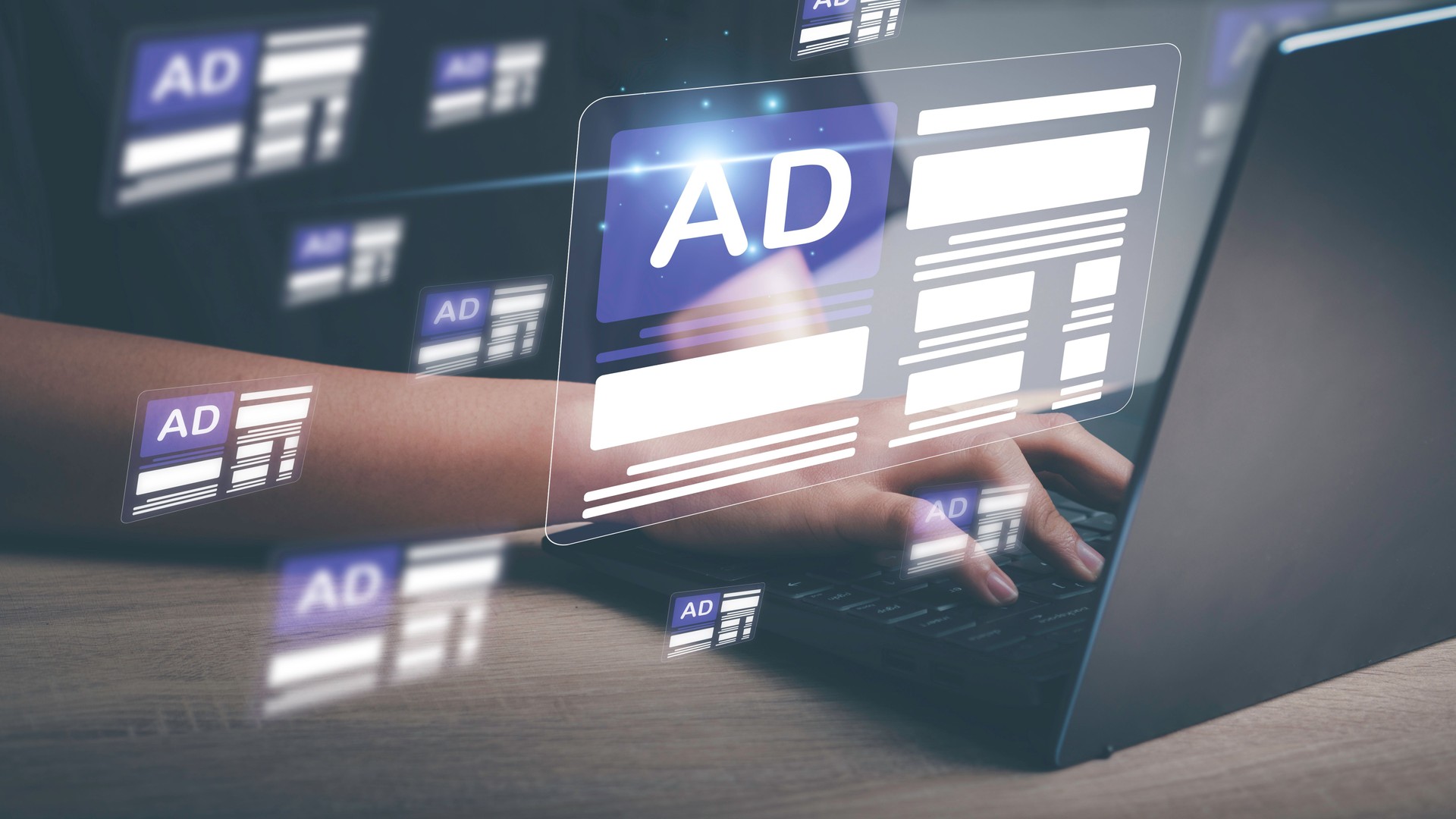 Online programmatic advertising in feed on computer screen. Optimize advertisement target optimize click through rate and conversion. Ads dashboard digital marketing strategy analysis for branding .