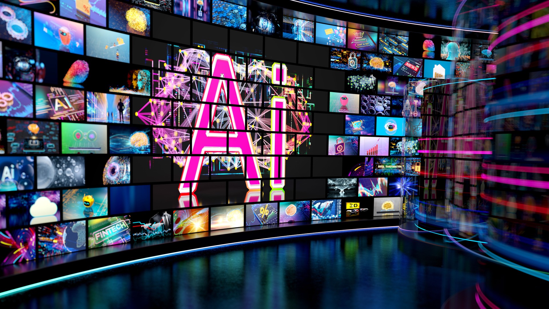 AI - Artificial Intelligence concept. Media concept TV  -  video wall with small screens. . Digital multiple  television screens