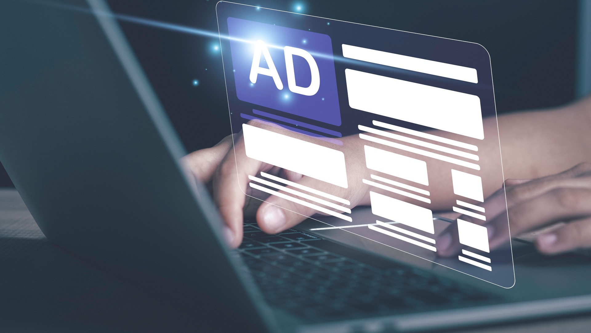 Online programmatic advertising in feed on computer screen. Optimize advertisement target optimize click through rate and conversion. Ads dashboard digital marketing strategy analysis for branding .