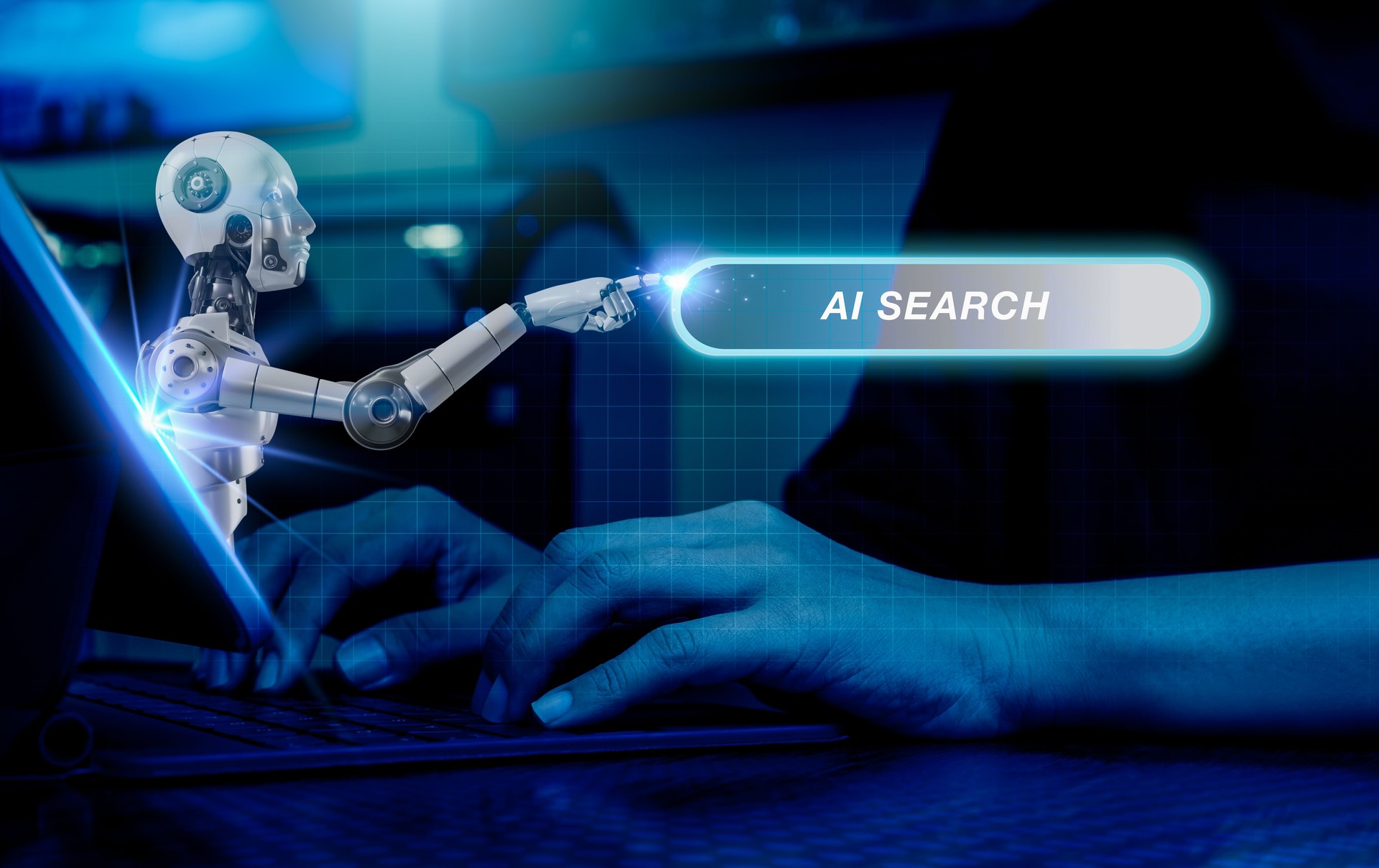 AI searching technology concept. Robot pops out of the computer screen pointing on search engine bar, data search optimization by artificial intelligence while businessman work with laptop computer.